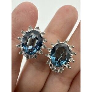 Spain 925 Sterling Silver Blue Clear Stone Earrings